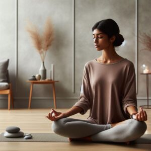 Person meditating in Lotus Position within a minimalist, zen-inspired space
