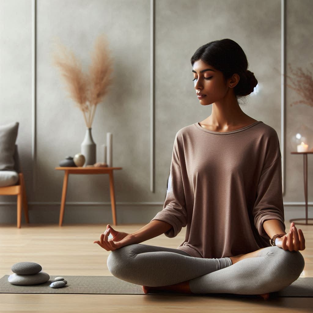Person meditating in Lotus Position within a minimalist, zen-inspired space