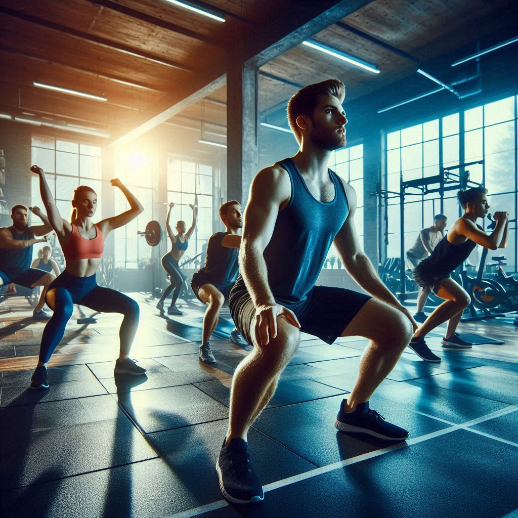 Group workout session for weight loss in the gym with cardio and strength exercises