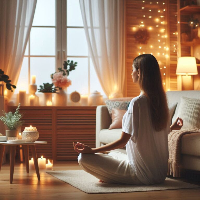 Meditation and self-care for overcoming anxiety naturally in a cozy indoor space