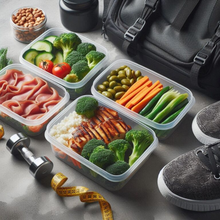 Healthy meal prep for weight loss alongside workout gear