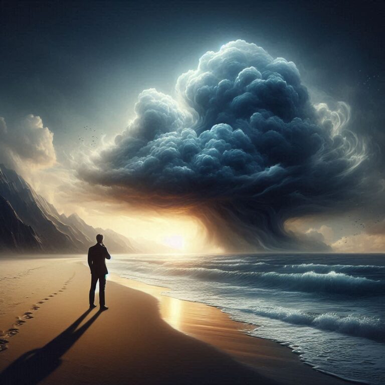 Person standing alone on a beach with storm clouds forming above their head, symbolizing overthinking