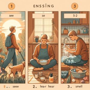 Person performing everyday mindfulness activities: walking dog, washing dishes mindfully, and using 5-4-3-2-1 grounding technique