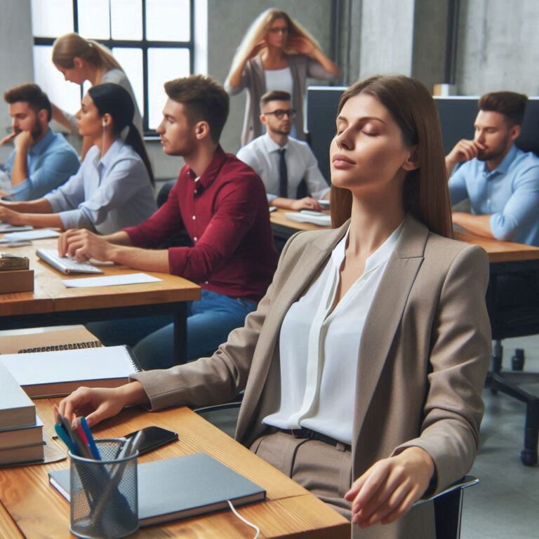 Office worker practicing deep breathing for mindfulness during a busy day.