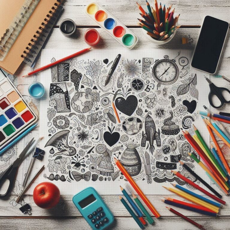 A cluttered desk filled with doodles, crayons, and art supplies, representing playful creativity.