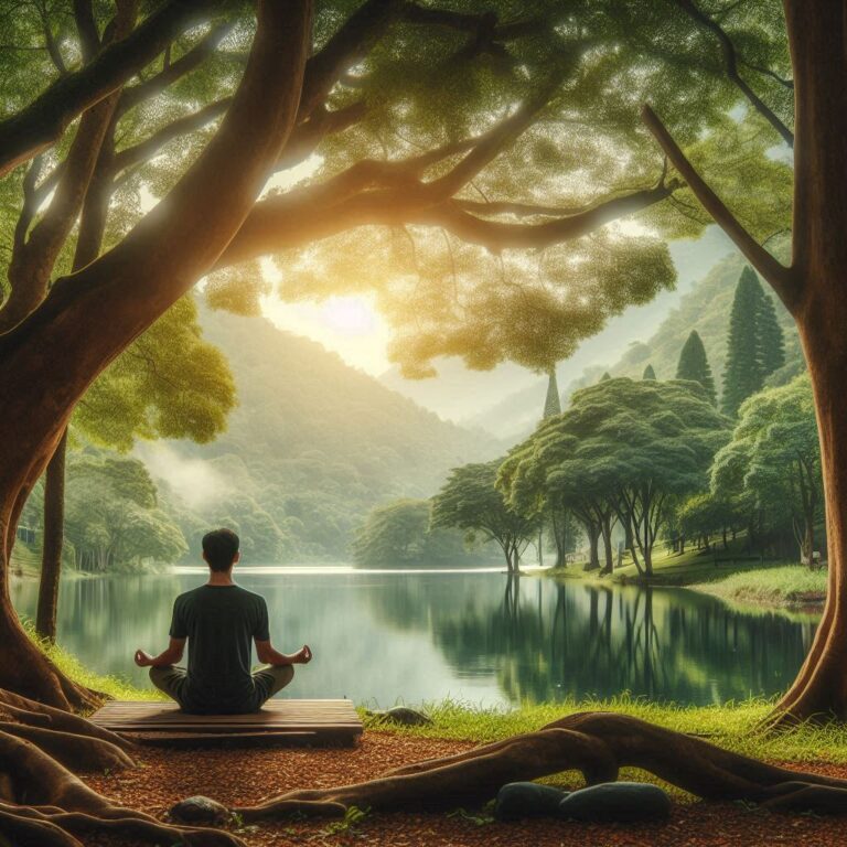 Person practicing deep breathing in a peaceful nature setting to reduce anxiety