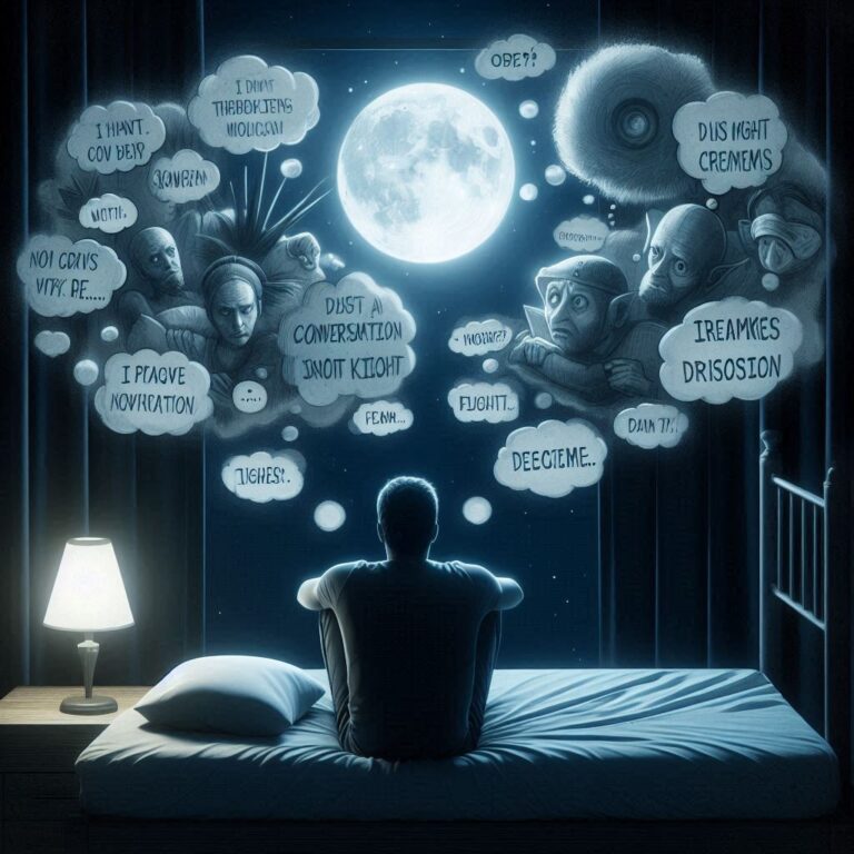 : Person lying awake at night, struggling with anxious thoughts