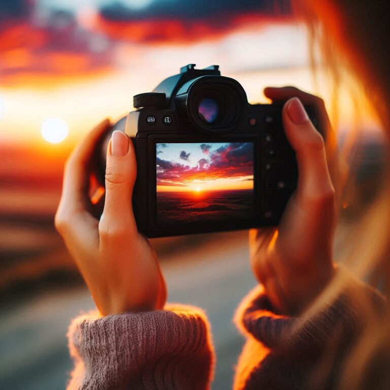 Photographer capturing a sunset with a camera, focused on the details of the sky.
