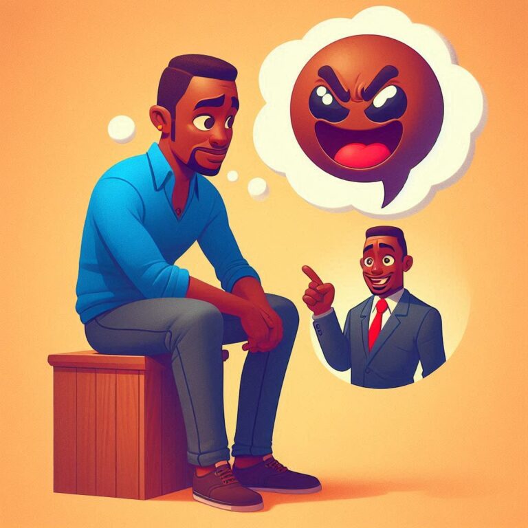 Person humorously interacting with a small cartoon thought bubble representing their inner critic.
