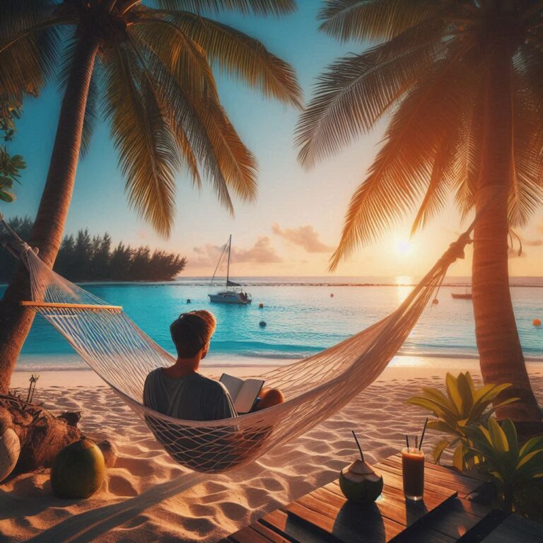 Man relaxing in hammock on beach during travel therapy vacation to combat burnout