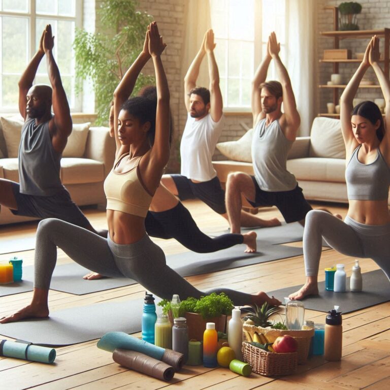 Beginners practicing accessible yoga poses in a home setting using everyday items as props