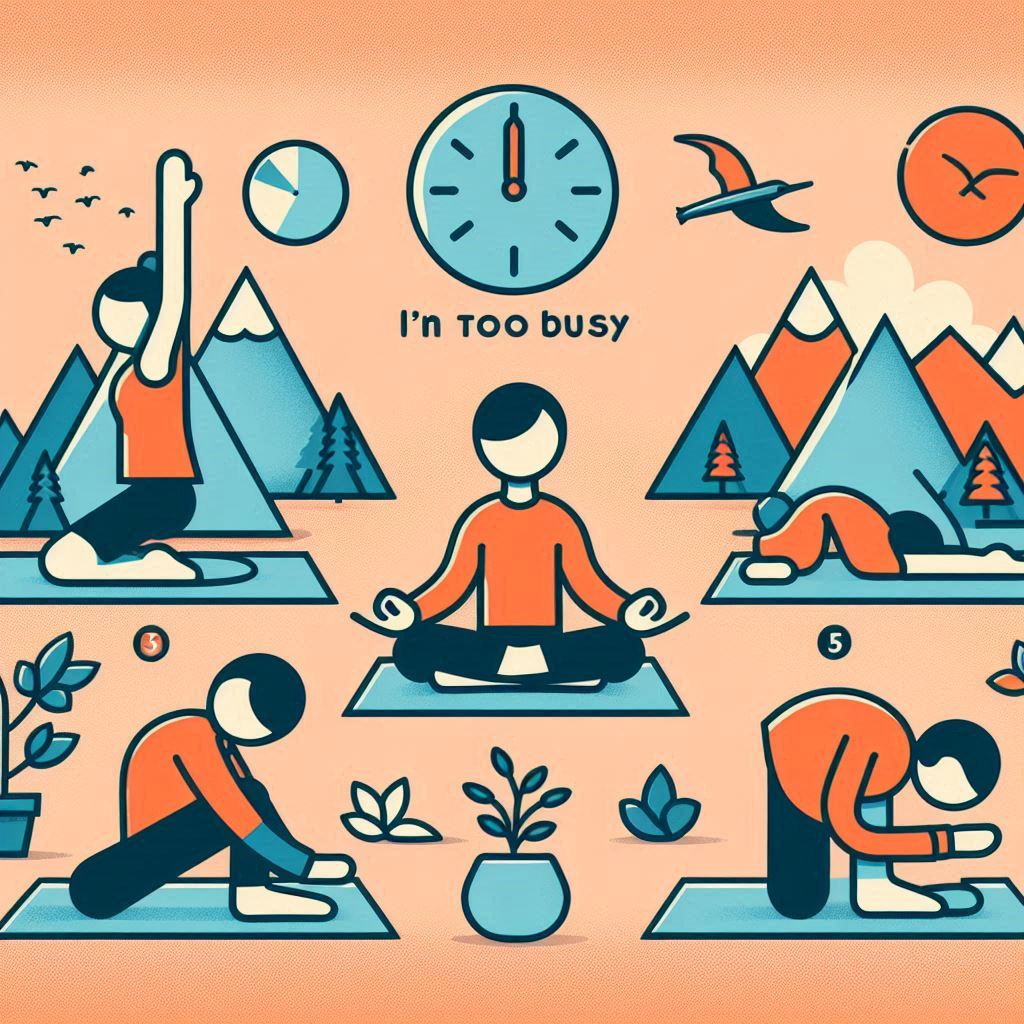 5-minute yoga flow sequence showing Mountain Pose, Seated Twist, and Forward Fold