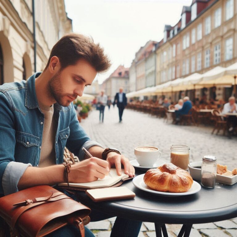 Solo traveler writing in journal during therapeutic travel experience in urban cafe