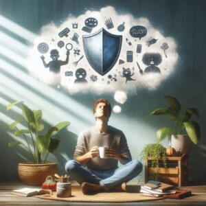man journaling to set emotional boundaries, blocking stress with a mental shield
