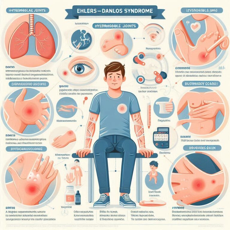 Infographic explaining Ehlers-Danlos Syndrome symptoms like hypermobile joints, bruising skin, and fatigue