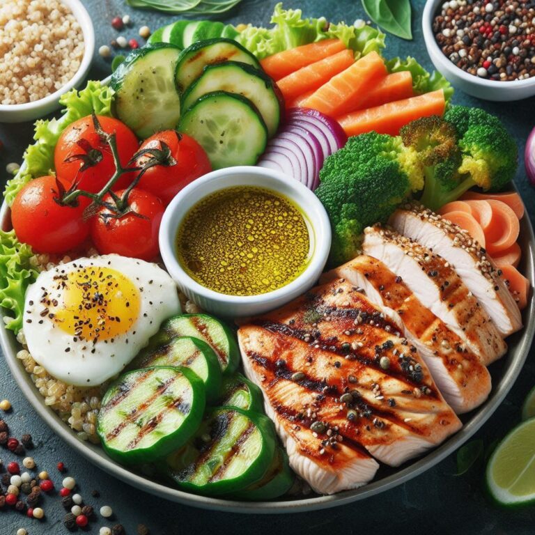 Healthy, high-protein muscle-building meal with grilled chicken, salmon, quinoa, and veggies