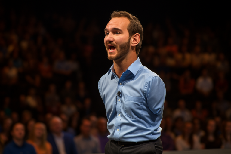 Nick Vujicic delivering a motivational speech to a large audience about resilience.