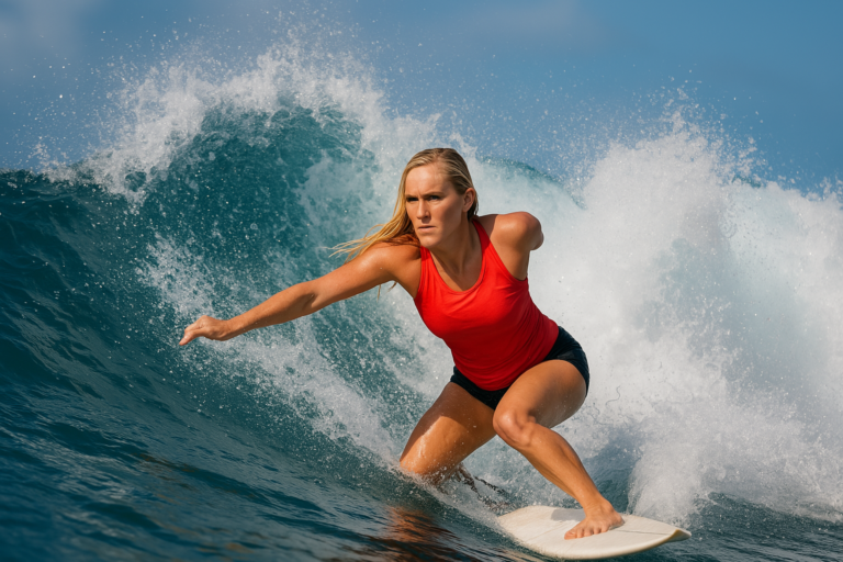Bethany Hamilton surfing after losing her arm in a shark attack, showcasing her resilience.