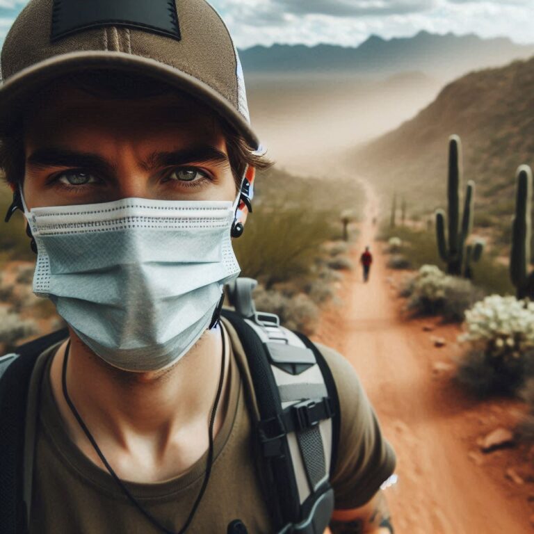 Hiker wearing an N95 mask to prevent Valley Fever while hiking in the Arizona desert