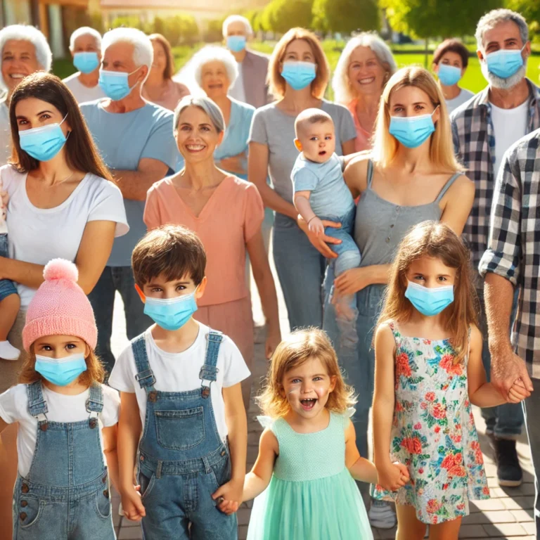 A diverse group of children, parents, elderly individuals, and babies, all wearing masks and happily walking outside. The scene symbolizes the power of herd immunity through measles vaccination, with people smiling and engaged in the outdoors in a park or community area