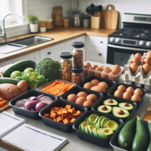"Healthy food prep for muscle growth with sweet potatoes, eggs, and avocado
