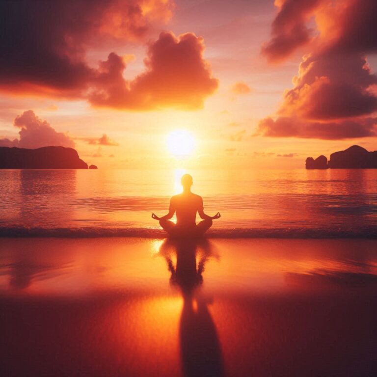 A person meditating at sunset for emotional stress relief
