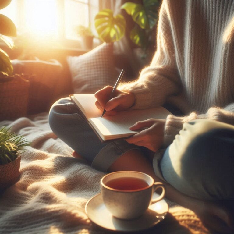 Woman journaling for emotional clarity at sunrise with tea and plants