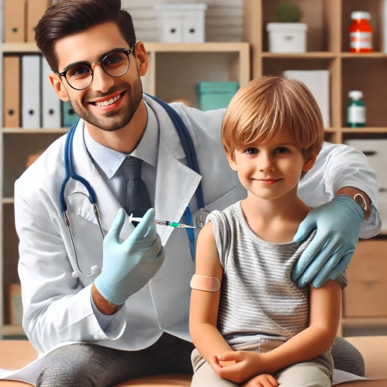 A friendly and approachable pediatrician administering the measles vaccine to a child at a local clinic. The pediatrician appears caring and professional, with a reassuring smile, while the child looks calm and comfortable. The clinic setting is warm and welcoming.