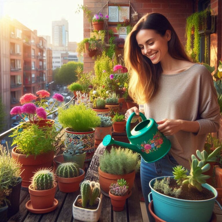 A woman waters a vibrant balcony garden with potted herbs and flowers in upcycled containers, set against a city skyline under soft sunlight