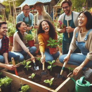 A diverse group of people plant seedlings in a colorful community garden with raised beds, smiling and laughing under a clear blue sky.
