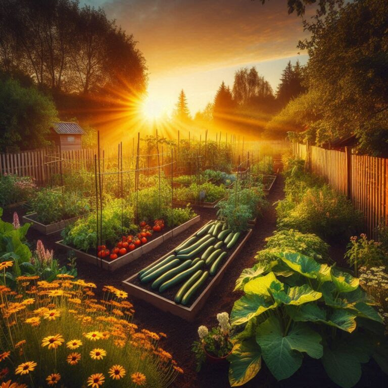 Backyard garden with vegetables and wildflowers at sunset, bathed in warm golden light, exuding calm and connection to nature.