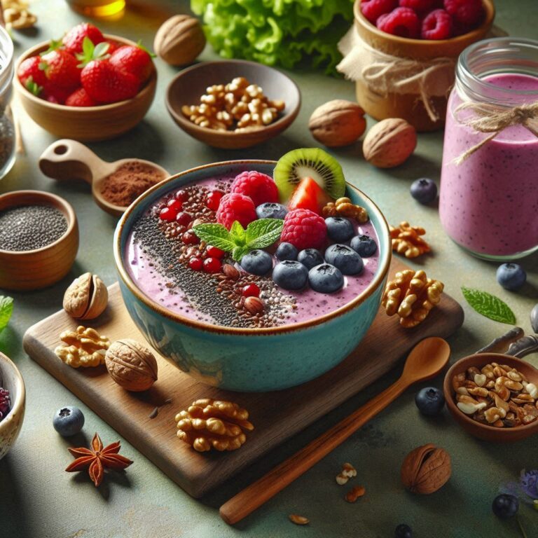 Healthy smoothie bowl with berries, walnuts, and chia seeds for mental wellness.