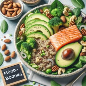 Healthy quinoa salad with avocado, salmon, and nuts to improve mental health.